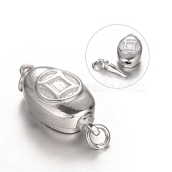 Oval with Coin Platinum Plated 925 Sterling Silver Box Clasps, 16x8x6mm, Hole: 2mm(STER-N014-04)