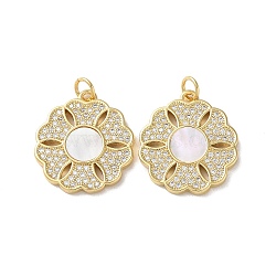Brass Micro Pave Clear Cubic Zirconia Pendants, with Shell, Real 18K Gold Plated, Flower, 21x19x2.5mm, Hole: 3mm(KK-B083-17G-04)
