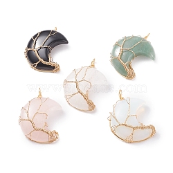 Natural & Synthetic Gemstone Pendants, with Real 18K Gold Plated Copper Wire Wrapped, Moon, 40~46x30.5~34x9~12mm, Hole: 3.5~4mm(PALLOY-JF01409)