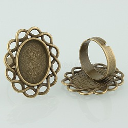 Vintage Adjustable Iron Finger Ring Components Alloy Flower Cabochon Bezel Settings, Cadmium Free & Nickel Free & Lead Free, Antique Bronze, Oval Tray: 18x13mm, 17mm(PALLOY-O039-19AB-NF)