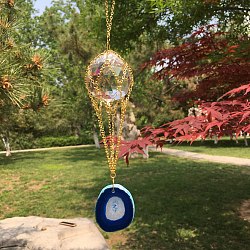 K9 Glass Round Pendant Decorations, Hanging Suncatchers, with Natural Agate Piece, for Home Garden Decorations, Blue, Pendant: 300mm(PW-WG74237-02)