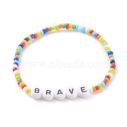 Glass Seed Beads Stretch Bracelets, with Acrylic Letter Beads, Word BRAVE, Colorful, Inner Diameter: 2-1/4 inch(5.7cm)(BJEW-JB06120-02)
