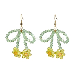 Flower & Bowknot Glass Beaded Dangle Earrings, Brass Earrings for Women, Dark Sea Green, Golden, 65x51mm(EJEW-TA00518)