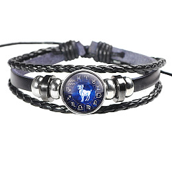 12 Constellation Leather Cord Bracelets, with Alloy Beads and Wax Cord, Flat Round, Aries, 2-3/8 inch(6cm)(BJEW-P240-E01)