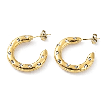 Real 18K Gold Plated 304 Stainless Steel Ring Stud Earrings with Rhinestone, Half Hoop Earrings, Crystal, 26x5mm