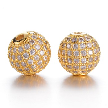 CZ Brass Micro Pave Cubic Zirconia Round Beads, Golden, 10mm, Hole: 2mm