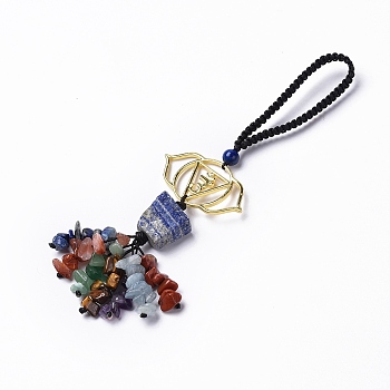 Natural Raw Lapis Lazuli & Mixed Stone Chips Tassel Pendant Decorations, Chakra Theme Alloy Charms Hanging Ornament, Ajna, 155mm, Link: 24x44x2mm