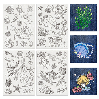 4 Sheets 11.6x8.2 Inch Stick and Stitch Embroidery Patterns, Non-woven Fabrics Water Soluble Embroidery Stabilizers, Marine Organism, 297x210mmm