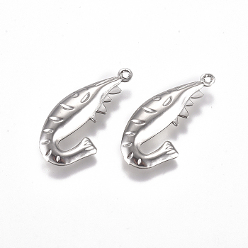 304 Stainless Steel Pendants, Shrimp, Stainless Steel Color, 27.5x14x4mm, Hole: 1.2mm
