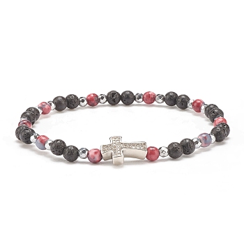 Natural & Synthetic Mixed Gemstone Beaded Stretch Bracelet with Clear Cubic Zirconia Cross for Women, Dark Red, Inner Diameter: 2-1/4 inch(5.6cm)