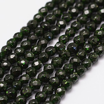 Synthetic Green Goldstone Beads Strands, Dyed & Heated, Faceted(64 Facets), Round Bead, 6mm, Hole: 1.2mm, 64pcs/strand, 15.7 inch