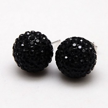 925 Sterling Silver Austrian Crystal Rhinestone Ear Studs, with Ear Nuts, Round, 280_Jet, 12mm, Pin: 0.8mm