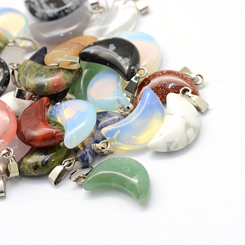 Moon Natural & Synthetic Mixed Stone Pendants, with Platinum Tone Brass Findings, 21~24x12~14x5~6mm, Hole: 2x7mm