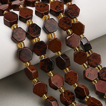 Natural Mahogany Obsidian Beads Strands, Hexagon, with Seed Beads, 9x10x5mm, Hole: 0.8mm, about 15pcs/strand, 7.09''(18cm)