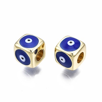 Brass European Beads, with Enamel, Large Hole Beads, Real 18K Gold Plated, Nickel Free, Cube with Evil Eye, Medium Blue, 9x10x10mm, Hole: 4mm