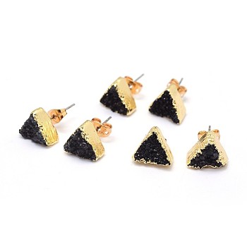 Natural Druzy Quartz Crystal Stud Earring, with Brass Findings, Triangle, Golden, Black, 10x11x4~7mm, Pin: 0.7mm