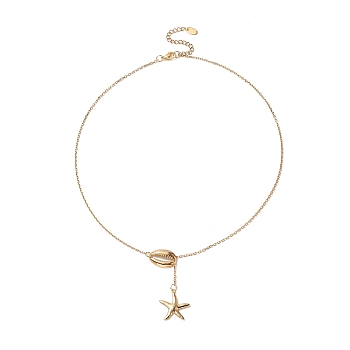 304 Stainless Steel Shell with Star Pendant Lariat Necklace for Women, Golden, 19.37 inch(49.2cm)