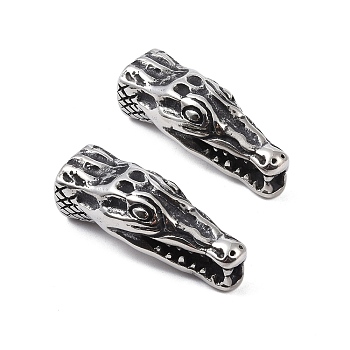 304 Stainless Steel Beads, Large Hole Beads, Crocodile, Antique Silver, 36.5x13.5x13mm, Hole: 9x8.5mm