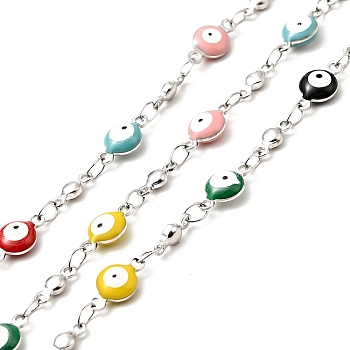 Enamel Flat Round with Evil Eye Link Chains, with Stainless Steel Color Plated 304 Stainless Steel Findings, Unwelded, with Spool, Colorful, 11x6x3mm, 8x3x2mm