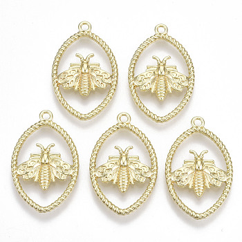 Rack Plating Alloy Pendants, Cadmium Free & Lead Free, Oval with Bees, Light Gold, 28.5x18x2.5mm, Hole: 1.5mm