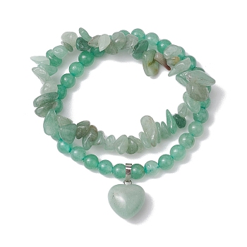 2pcs 2 Styles 6mm Round & Chip Natural Green Aventurine Beaded Stretch Bracelet Sets, Heart Charm Stackable Bracelets for Women, Inner Diameter: 2-1/8~2-3/8 inch(5.5~6cm), 1pc/style