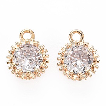Brass Micro Pave Cubic Zirconia Charms, Nickel Free, Real 18K Gold Plated, Faceted Flat Round, Clear, 9x7x4mm, Hole: 1.2mm