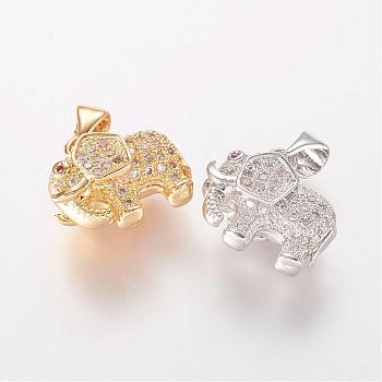 Brass Micro Pave Cubic Zirconia Pendants, Elephant Charms, Mixed Color, 12.5x14x7.5mm, Hole: 3x5mm