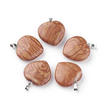 Natural Picture Jasper Pendants, with Platinum Tone Alloy Findings, Heart, 22~23x21x6~6.5mm, Hole: 2.5x5.5mm