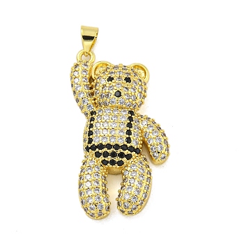 Brass Micro Pave Clear Cubic Zirconia Pendants, Real 18K Gold Plated, Bear, Black, 35x21x6mm, Hole: 4.5x3mm