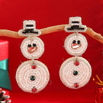 Christmas Style Snowman Dangle Stud Earrings, with Glass Beads Handmade for Women, White, 70x32mm