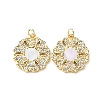 Brass Micro Pave Clear Cubic Zirconia Pendants, with Shell, Real 18K Gold Plated, Flower, 21x19x2.5mm, Hole: 3mm