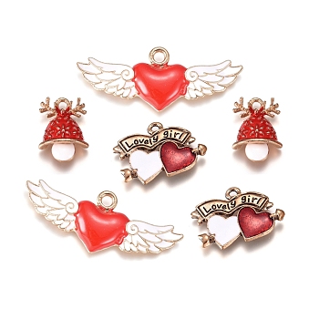 Alloy Enamel Pendant Sets, Double Heart with Arrow, Mushroom, Heart with Wing, for Christmas Day, Mixed Color, 18x24x2mm, Hole: 1.8mm