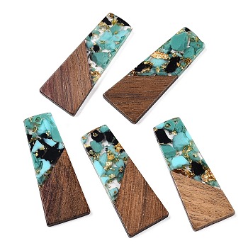 Opaque Resin & Walnut Wood Pendants, with Glitter Powder, Trapezoid, Dark Turquoise, 49x19x3.5mm, Hole: 2mm