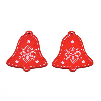Christmas Theme Spray Painted Wood Pendants, Single-Sided Printed, Christmas Bell with Snowflake, Red, 49.5x45.5x2mm, Hole: 2mm