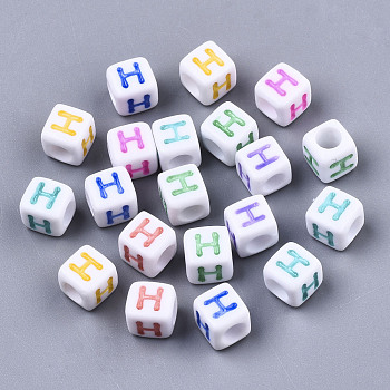 Opaque White Acrylic Beads, with Enamel, Horizontal Hole, Cube with Mixed Color Letter, Letter.H, 6x6x6mm, Hole: 3mm, about 2900pcs/500g