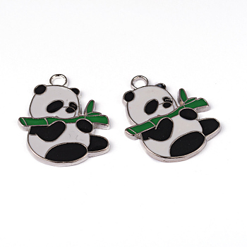 Alloy Enamel Pendants, Lead Free and Cadmium Free, Panda, Platinum Color, Black and White, Size: about 30mm long, 25mm wide, 2mm thick, hole: 3mm