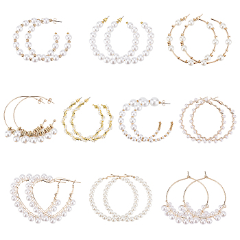10 Pairs 10 Style Plastic & Resin Imitation Pearl Beaded Hoop Earrings Set, Alloy & 304 Stainless Steel & Iron Ring Stud Earrings for Women, White, 49~66x4~8mm, Pin: 0.7~1mm, 1 Pair/style