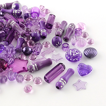 Acrylic Beads, Mixed Shapes, Purple, 5.5~28x6~20x3~11mm, Hole: 1~5mm