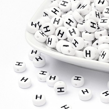 Acrylic Beads, with Horizontal Hole, Letter, Flat Round, Letter.H, 7x4mm, Hole: 1mm, about 3500pcs/500g