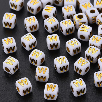 Opaque White Acrylic Beads, Metal Enlaced, Cube with Letters, Letter.W, 4.5mm, Hole: 2mm, about 5000pcs/500g