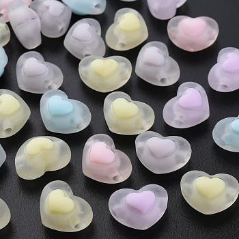Transparent Acrylic Beads, Frosted, Bead in Bead, Heart, Mixed Color, 13x17x9.5mm, Hole: 2.5mm, about 420pcs/500g
