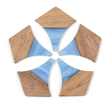 Opaque Resin & Walnut Wood Pendants, Arrows, Cornflower Blue, 38x35x3mm, Hole: 2mm