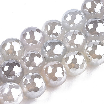 Electroplate Natural Agate Beads Strands, Dyed, Faceted, Pearl Luster Plated, Round, Creamy White, 10.5mm, Hole: 1.2mm, about 36~37pcs/strand, 14.37 inch~14.57 inch(36.5cm~37cm)