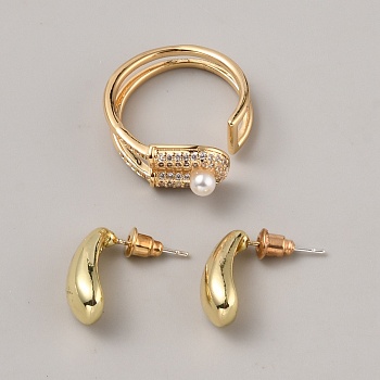 Brass Jewelry Set with Cubic Zirconia, Plastic Pearl Beaded Open Cuff Rings & Teardrop Stud Earrings, Golden, US Size 8 1/2(18.5mm), 16.5x8mm