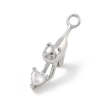 Brass Micro Pave Cubic Zirconia Pendants, Cadmium Free & Nickel Free & Lead Free, Cat Shape Charms, Platinum, 17x4x9mm, Hole: 1.6mm