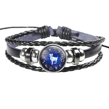 12 Constellation Leather Cord Bracelets, with Alloy Beads and Wax Cord, Flat Round, Aries, 2-3/8 inch(6cm)
