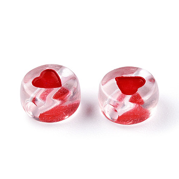 Transparent Acrylic Enamel Beads, Flat Round with Heart, Red, 7x4mm, Hole: 1.8mm, about 108000~111000pcs/15000g