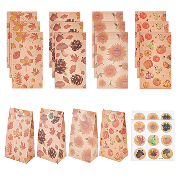 12Pcs 4 Styles Thanksgiving Day Rectangle Kraft Paper Candy Storage Pouches Gift Shopping Bags, Autumn Harvest Vegetable Leaf Bag with Stickers, Wheat, Finished Product: 12x7.8x22.3cm, Fold: 22.3x12x0.2cm, 3pcs/style