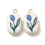 Printed Alloy with Acrylic Pendants, with Iron Ring, Oval with Tulip Charms, Blue, Golden, 24x13x7mm, Hole: 2mm(AL-CBAE25B-04A-G)