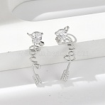 Brass Micro Pave Clear Cubic Zirconia Stud Earrings, Rack Plating, Long-Lasting Plated, Lead Free & Cadmium Free, Arrow with Word, Platinum, 32x9mm(EJEW-M077-11P)